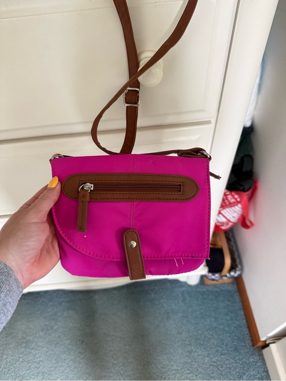 Compact Bright Pink Crossbody Bag with Brown Trim